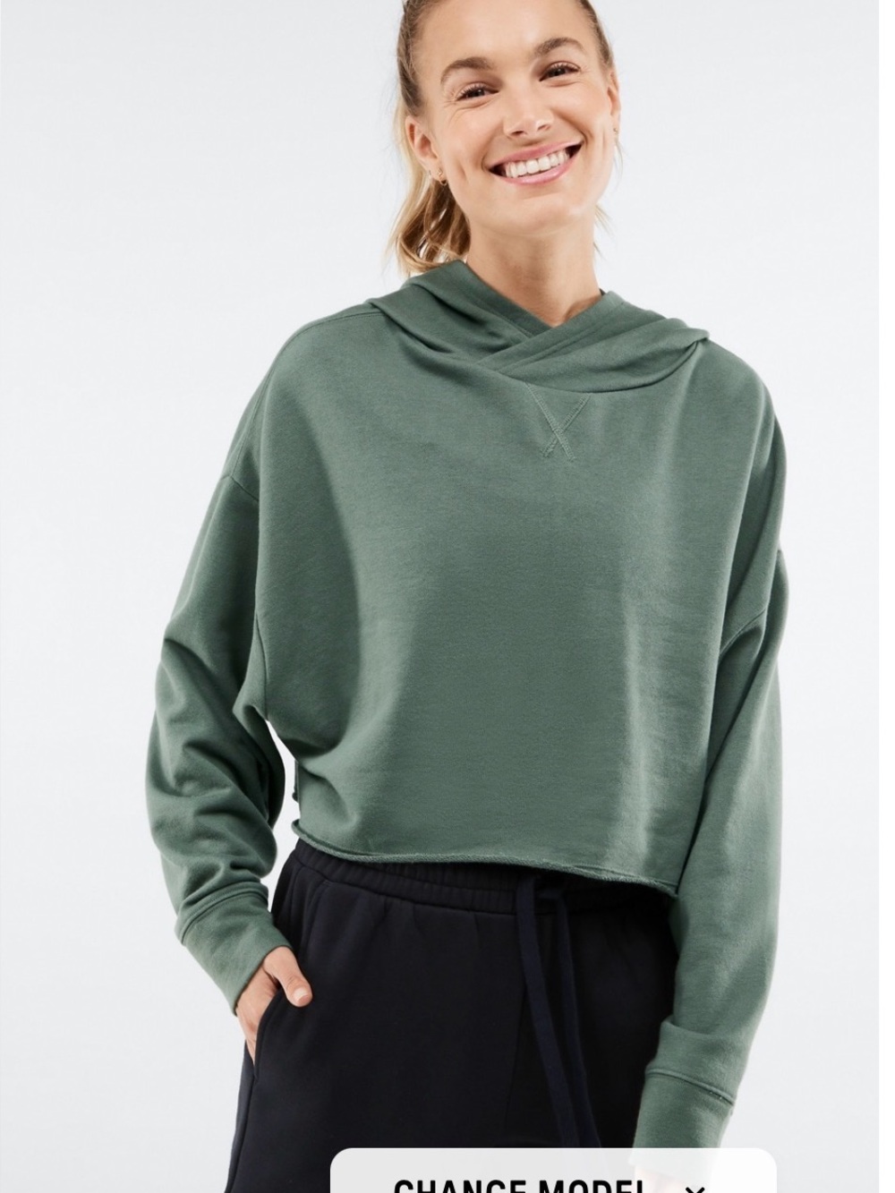 Fabletics Women’s Medium Brisa Cropped Raw Edge Hoodie- Safari/Olive Green
